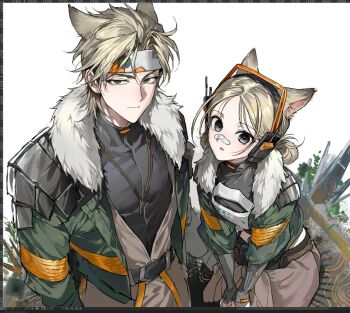1boy 1girl :o aleeza_collins_(arknights) animal_ears arknights arknights:_endfield armor art_program_in_frame bandaid bandaid_on_face bandaid_on_nose belt black_eyes black_shirt blonde_hair brother_and_sister brown_eyes clothes_around_waist collared_shirt double_bun expressionless extra_ears fabian_collins_(arknights) from_above fur-trimmed_jacket fur_trim green_jacket hackmemme hair_bun hashtag-only_commentary headband headphones height_difference highres jacket jewelry looking_at_viewer necklace open_clothes open_jacket pants parted_bangs parted_lips shirt siblings simple_background