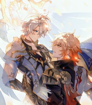 Rule 34 | 2boys, antenna hair, arm tattoo, armlet, armor, back tattoo, black choker, black coat, black shirt, blonde hair, blue cape, blue eyes, cape, choker, clawed gauntlets, coat, earrings, floating cape, gold earrings, gold necklace, gradient hair, halo, halo behind head, hashtag-only commentary, highres, honkai: star rail, honkai (series), jewelry, male focus, medium hair, multicolored hair, multiple boys, mydei (honkai: star rail), neck tattoo, necklace, open clothes, open coat, parted bangs, pauldrons, phainon (honkai: star rail), red cape, red hair, red tattoo, shirt, short hair, shoulder armor, side capelet, single pauldron, sorane hexi, sun symbol, sun tattoo, sweatdrop, tan, tattoo, two-sided cape, two-sided fabric, white coat, white hair, yellow cape, yellow eyes