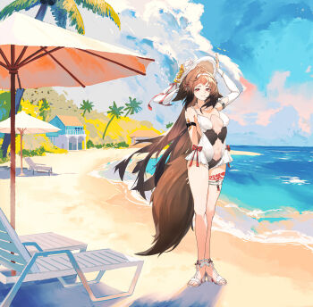 1girl absurdres alternate_costume animal_ear_fluff animal_ears arm_up armlet bare_shoulders beach beach_umbrella black_one-piece_swimsuit bracelet breasts brown_tail bubuqiu closed_mouth clover clover_hair_ornament collarbone commentary_request droopy_ears frilled_one-piece_swimsuit frills full_body hair_ornament hairband hat highres jewelry leg_tattoo looking_at_viewer medium_breasts navel necklace ocean one-piece_swimsuit open-toe_shoes palm_tree pearl_necklace red_eyes sand shoes solo sun_hat swimsuit tail tattoo thigh_strap tree two-tone_swimsuit umbrella water white_hairband white_hat white_one-piece_swimsuit white_shoes ye_shunguang zenless_zone_zero