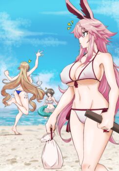 3girls animal_ears ass back beach bikini blonde_hair blue_bikini blue_sky breasts brown_hair butt_crack cloud cloudy_sky durandal_(honkai_impact) fox_ears frilled_bikini frills hair_over_one_eye highres holding holding_swim_ring honkai_(series) honkai_impact_3rd innertube large_breasts long_hair multiple_girls navel outdoors pink_hair purple_eyes rita_rossweisse short_hair sky soles stomach swim_ring swimsuit task_baron white_bikini yae_sakura yae_sakura_(summer_dream)