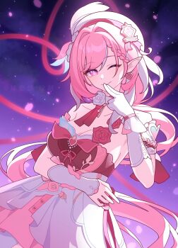 Rule 34 | 1girl, ;), absurdres, beret, blowing kiss, breasts, chinese commentary, commentary request, diamond-shaped pupils, diamond (shape), dress, earrings, elf, elysia (hi love elf) (honkai impact), elysia (honkai impact), gloves, hat, heart, heart earrings, highres, honkai (series), honkai impact 3rd, jewelry, large breasts, long hair, looking at viewer, multicolored hair, night, night sky, one eye closed, pink hair, pointy ears, purple eyes, qiu youyou, red dress, sky, smile, solo, symbol-shaped pupils, two-tone dress, two-tone hair, very long hair, white dress, white gloves, white hair