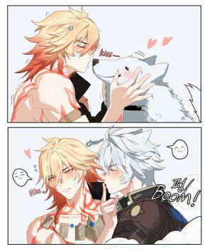 2boys anger_vein antenna_hair arm_tattoo armlet armor black_choker black_coat black_shirt blonde_hair blue_eyes blush braid chest_tattoo choker coat commentary dog earrings english_commentary facial_tattoo gold_earrings gold_necklace gradient_hair highres honkai:_star_rail honkai_(series) jewelry jujeop male_focus medium_hair multicolored_hair multiple_boys mydei_(honkai:_star_rail) necklace open_clothes open_coat parted_bangs pauldrons phainon_(honkai:_star_rail) red_hair red_tattoo shirt short_hair shoulder_armor side_braid single_pauldron spoken_expression tattoo transformation white_hair yaoi yellow_eyes