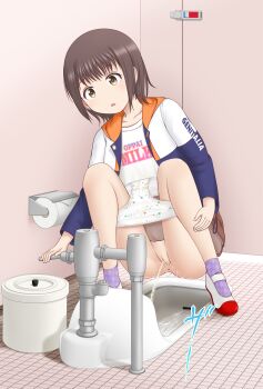 1girl anus argyle_clothes argyle_socks blue_jacket brown_eyes brown_hair brown_skirt cleft_of_venus clothes_writing collarbone crotch_seam english_text female_focus flat_chest flushing fundarikettari highres indoors jacket loli long_sleeves looking_down open_clothes open_jacket open_mouth original panties panty_pull peeing print_panties public_restroom purple_socks pussy shirt shirt_writing shoes short_hair skirt socks solo squat_toilet squatting star_(symbol) star_panties star_print tile_floor tiles toilet toilet_paper toilet_stall toilet_use trash_can uncensored underwear uwabaki white_panties white_shirt white_shoes