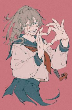 1girl blue_eyes blue_hair blue_skirt commentary cropped_legs genderswap genderswap_(mtf) grin heart heart_hands heterochromia highres jujutsu_kaisen long_hair mahito_(jujutsu_kaisen) mim_(mimya0600) neckerchief pink_background pleated_skirt ponytail red_neckerchief school_uniform skirt smile solo stitched_arm stitched_face stitched_neck stitches teeth yellow_eyes