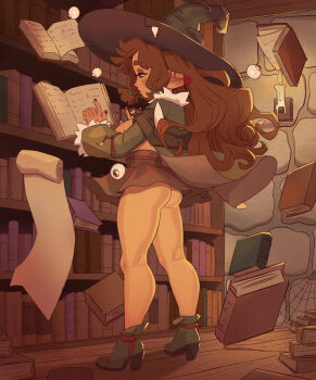 1girl ass bare_legs blush bodypaint book book_stack bookshelf breasts brown_hair brown_hat brown_sandals candle coat commentary disembodied_eye eyeshadow floating floating_book floating_object full_body fur-trimmed_coat fur_trim green_coat green_hat green_scarf green_skirt green_socks half-closed_eyes hat high_heel_sandals highres indoors klimspree large_breasts long_hair magic makeup miniskirt no_panties open_book open_clothes open_coat original pointy_ears profile reading red_eyeshadow red_nails sandals scarf scroll shortstack silk skirt socks solo spider_web thighhighs two-tone_hat witch_hat wooden_floor