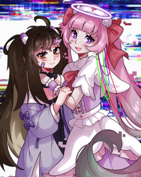 2girls ahoge ai-chan_(love_angel_syndrome) angel_wings apron black_shirt blush bow breasts bright_pupils brown_eyes brown_hair cable capelet cleavage closed_mouth dress glitch glitch_background halo hat heart jacket joints long_hair long_twintails looking_at_viewer love_angel_syndrome mole mole_under_eye multiple_girls nurse_cap open_mouth pill_hair_ornament pink_bow pink_dress pink_hair purple_bow purple_eyes purple_jacket robot robot_joints shirt short_twintails signature smile sylvenpad twintails very_long_hair white_apron white_capelet white_pupils white_wings wings yuuna_(love_angel_syndrome)