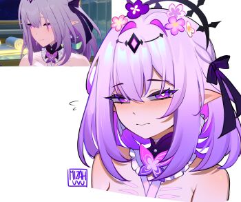 1girl bare_shoulders black_tiara blush bright_pupils castorice_(honkai:_star_rail) highres honkai:_star_rail honkai_(series) mizah_(mizah) pointy_ears purple_eyes purple_hair simple_background solo tiara upper_body white_background white_pupils