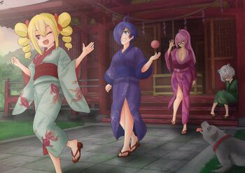 4girls absurdres blue_hair cerb_(kaschmatz) dog highres japanese_clothes kaschmatz matz_(kaschmatz) max_(kaschmatz) multiple_girls original skull_(kaschmatz)