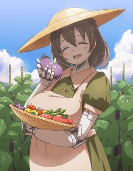 1girl ^_^ android apron bell_pepper blue_sky blush_stickers bowl breasts brown_hair brown_hat buttons closed_eyes cloud collared_dress commentary_request day dress eggplant facing_viewer farming food green_dress hat highres holding holding_bowl joints large_breasts mechanical_arms open_mouth original outdoors pickle puffy_short_sleeves puffy_sleeves robot_joints seia_aramaki short_hair short_sleeves sky smile solo straw_hat tomato upper_body vegetable white_apron