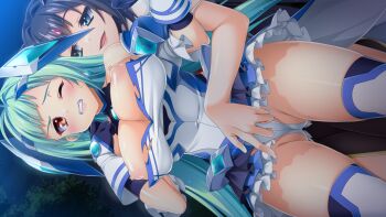 2girls aqua_hair black_hair blue_eyes blush breasts breasts_out chest_jewel clenched_teeth dutch_angle exs-tia_aqua fingering floating_headgear forehead_jewel frills game_cg gloves gluteal_fold green_hair headgear kamitsurugi_ouka kouyoku_senki_exs-tia_concert kunijima_chiaki large_breasts leotard long_hair magical_girl multiple_girls night nipples non-web_source official_art one_eye_closed open_mouth orange_eyes outdoors reach-around red_eyes shiny_skin short_hair skirt smile sweat teeth thighhighs torn_clothes torn_skirt variant_set very_long_hair wauri_(exs-tia_concert) wince yuri