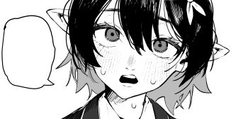 1girl absurdres ayane_(blue_archive) blue_archive greyscale hair_between_eyes hanakonenne highres looking_at_viewer monochrome open_mouth pointy_ears sidelocks simple_background solo speech_bubble sweatdrop teeth upper_teeth_only