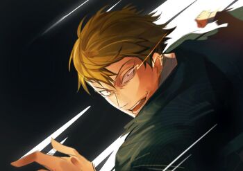 1boy black_hair blonde_hair colored_tips ear_piercing earrings incoming_attack incoming_punch japanese_clothes jewelry jujutsu_kaisen looking_at_viewer male_focus multicolored_hair multiple_piercings open_mouth piercing punching short_hair solo streaked_hair teeth two-tone_hair xingkon818 zen&#039;in_naoya