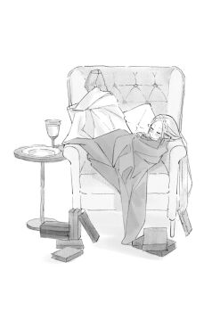 1girl absurdres book braid chair ckkustar closed_eyes crown_braid cup feet_up full_body greyscale highres light_blush long_hair monochrome nintendo parted_bangs pillow pointy_ears princess_zelda sitting sleeping socks solo table the_legend_of_zelda the_legend_of_zelda:_breath_of_the_wild under_covers