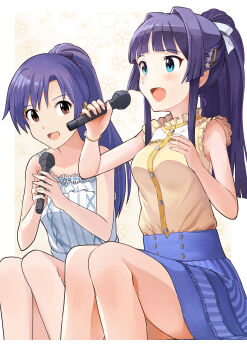 2girls :d absurdres black_hair blue_eyes blue_hair blue_skirt breasts brown_eyes dress highres holding holding_microphone idolmaster idolmaster_million_live! idolmaster_million_live!_theater_days kisaragi_chihaya long_hair looking_at_another looking_to_the_side microphone mogami_shizuka mogami_shizuka_(private_dress) multiple_girls music noborinosato official_alternate_costume open_mouth ponytail private_dress_(idolmaster_million_live!) pure_onepiece_(idolmaster) shirt singing sitting skirt sleeveless sleeveless_dress sleeveless_shirt smile white_dress yellow_shirt