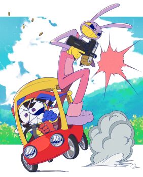 1boy 1girl animal_ears asymmetrical_gloves black_eyes blue_eyes blue_gloves blush_stickers brown_hair cloud colored_sclera colored_skin colored_teeth day driving dust_cloud firing furry gloves gun hat highres hill jax_(the_amazing_digital_circus) jester jester_cap little_tikes mismatched_gloves multicolored_eyes ohyou_wake outdoors overalls pink_overalls pomni_(the_amazing_digital_circus) rabbit_boy rabbit_ears raised_eyebrow red_eyes red_gloves sharp_teeth shell_casing short_sleeves smile striped_clothes striped_headwear submachine_gun teeth the_amazing_digital_circus toy_car two-tone_eyes vertical-striped_clothes vertical-striped_headwear weapon yellow_gloves yellow_sclera yellow_teeth