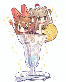 2girls :3 animal_ear_fluff animal_ears barefoot bikini blush_stickers brown_eyes brown_hair cat_ears cat_girl chibi chibi_only closed_mouth collarbone commentary_request cup dog_ears dog_girl double-parted_bangs drinking_glass food fruit green_bikini grey_eyes hair_between_eyes highres in_container in_cup kipfel_(vrchat) lemon lemon_slice long_hair mamehinata multiple_girls navel notamaru_2 one-piece_swimsuit open_mouth signature simple_background sparkle swimsuit vrchat watermelon watermelon_slice white_background yellow_one-piece_swimsuit