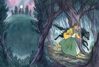 1girl absurdres adder_stone boots bracelet brown_hair coat commentary cover_image english_commentary ethan_m._aldridge forest full_moon grass green_shawl green_skirt hair_bun highres hill jewelry looking_to_the_side medium_hair moon nature night original outdoors parted_lips rock ruins running scenery shawl shirt silk single_hair_bun skirt solo spider_web stone_megalith stone_pillar stonehenge textless_version tree white_shirt wolf yellow_boots yellow_coat yellow_eyes