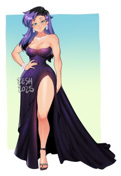 1girl 2025 20s black_hair black_nails black_sandals blue_background blue_eyes blush bracelet breasts cleavage collarbone dress earrings gradient_background hand_on_own_hip jewelry large_breasts long_hair looking_at_viewer multicolored_hair nail_polish necklace original purple_dress purple_hair sandals side_slit smile sparkle standing strapless strapless_dress two-tone_background two-tone_hair yellow_background zeshgolden