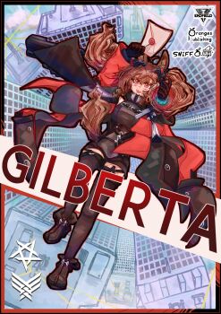 Rule 34 | 1girl, :d, absurdres, angelina (arknights), animal ear fluff, animal ears, arknights, arknights: endfield, arms up, black boots, black dress, black gloves, black thighhighs, boots, brown hair, building, coat, commentary, copyright name, day, dress, endfield industries logo, english text, floating, floating clothes, floating hair, fold-over boots, fox ears, fox girl, from above, full body, gilberta (arknights), gloves, headpiece, high collar, high up, highres, holding, holding letter, impossible clothes, impossible dress, letter, long sleeves, looking at viewer, medium hair, off shoulder, open clothes, open coat, open mouth, outdoors, power lines, red coat, red eyes, science fiction, short dress, skyscraper, sleeveless, sleeveless dress, smile, snifptf, solo, teeth, thighhighs, twintails, upper teeth only, utility pole, wax seal