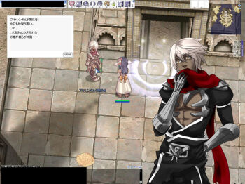 1boy armor assassin_cross_(ragnarok_online) black_pants black_shirt commentary_request cowboy_shot dark-skinned_male dark_skin game_screenshot_background hand_on_own_hip male_focus orange_eyes pants pauldrons pink_hair ragnarok_online red_scarf scarf screenshot_background shirt short_hair shoulder_armor solo toriria translation_request vambraces