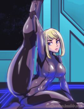 1girl bad_id bad_tumblr_id blonde_hair blue_eyes blush bodysuit breasts caffeccino cameltoe covered_erect_nipples covered_navel exercising large_breasts leg_up looking_to_the_side metroid nintendo on_floor samus_aran skin_tight space spread_legs stretching sweat thick_eyebrows thick_thighs thighs zero_suit