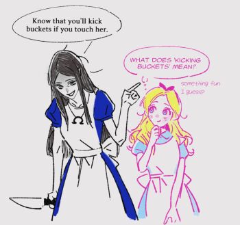 2girls alice:_madness_returns alice_(disney) alice_in_wonderland_(disney) alice_liddell_(american_mcgee's_alice) american_mcgee's_alice apron black_hair black_ribbon blonde_hair blue_dress blue_eyes dress evil_smile green_eyes holding holding_knife jewelry knife long_hair multiple_girls necklace omega_symbol pankepen ribbon short_sleeves simple_background sketch smile upper_body white_apron