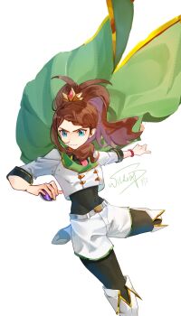 1girl black_bodysuit blue_eyes bodysuit bodysuit_under_clothes breasts brown_hair cape closed_mouth commentary_request green_cape highres hilda_(champion)_(pokemon) hilda_(pokemon) holding holding_poke_ball jacket long_hair long_sleeves master_ball necktie nintendo official_alternate_costume pink_necktie poke_ball pokemon pokemon_masters_ex ponytail shorts tiara white_jacket white_shorts wildoup