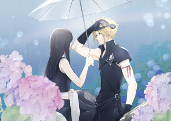 1boy 1girl apron arm_ribbon arm_up bare_shoulders black_apron black_gloves black_hair black_shirt black_vest blonde_hair blue_eyes blue_flower cloud_strife commentary_request crop_top dated earrings fenrir_(final_fantasy) final_fantasy final_fantasy_vii final_fantasy_vii:_advent_children flower from_side gloves himmelisch-garten holding holding_removed_eyewear holding_towel holding_umbrella jewelry long_hair looking_at_another outdoors parted_lips pink_flower popped_collar profile purple_flower rain red_ribbon ribbon shirt short_hair signature single_shoulder_pad spiked_hair tank_top tifa_lockhart towel umbrella unworn_eyewear vest waist_apron white_tank_top