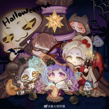 &gt;_&lt; +_+ 2girls 3boys :o abs absurdly_long_hair animal animal_ears animal_hands animal_on_head armored_boots bare_pectorals bare_tree belt belt_buckle belt_collar black-framed_eyewear black_belt black_cat black_dress black_gloves black_horns black_jacket black_pants black_shoes black_sleeves blonde_hair blue_hair boots bottle braid buckle bug campfire capelet caprico_(shining_nikki) cat cat_on_head character_request chibi collar cross cross_necklace crossed_arms crown_braid curled_horns demon_wings dog_boy dog_ears dog_tail dress ear_covers eyelashes eyes_visible_through_hair fang fang_out fiery_dusk_(shining_nikki) flower forehead frilled_dress frilled_headwear frills ghost glasses gloves goat_horns goat_mask grey_eyes hair_flower hair_ornament halloween hand_on_own_head hat high_ponytail highres hood hood_up hooded_jacket horns horns_through_hood jacket jewelry kemonomimi_mode layered_sleeves light_blush long_dress long_hair long_sleeves looking_at_another mini_person miniboy mole mole_under_eye momo_(nikki) multiple_boys multiple_girls multiple_horns necklace night night_sky nikki_(series) official_alternate_color on_head opaque_glasses open_clothes open_jacket outdoors pants parted_lips paw_gloves pectorals ponytail puffy_short_sleeves puffy_sleeves pumpkin_witch_(shining_nikki) purple_eyes purple_hair purple_hat reading red_dress red_flower red_rose red_wings rose shining_nikki shoes short_over_long_sleeves short_sleeves silk sitting sky sparkling_eyes spider spider_web star_(sky) star_(symbol) starry_sky sunglasses tail tareme tent tree triangular_eyewear vampire very_long_hair watermark wavy_hair weibo_watermark white_boots white_capelet white_cat white_mask wine_bottle wings witch witch_hat xiaoyu_qixing yeeso_(shining_nikki) yellow_eyes zoey_(shining_nikki)