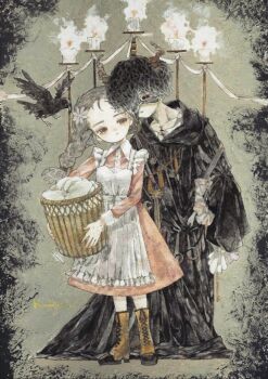 1boy 1girl acrylic_paint_(medium) apron basket bird black_cloak black_gloves black_hair boots braid brown_eyes candle cloak closed_mouth commentary_request crow demon dress expressionless flower full_body gloves grey_background hair_flower hair_ornament hat highres holding holding_basket hood hooded_cloak karintoun long_hair long_sleeves looking_down mask original painting_(medium) pale_skin shirt signature standing stitches traditional_media watercolor_(medium) white_shirt