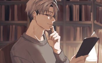 1202_hari 1boy blurry blurry_background book bookshelf brown_eyes chair closed_mouth curtained_hair desk_lamp from_side glasses grey-framed_eyewear grey_hair grey_sweater hand_on_own_chin hitotsubashi_ayato hitotsubashi_ayato_(2nd_costume) holding holding_book lamp light_particles long_sleeves looking_at_viewer male_focus nijisanji on_chair short_hair sitting solo sweater undercut upper_body virtual_youtuber