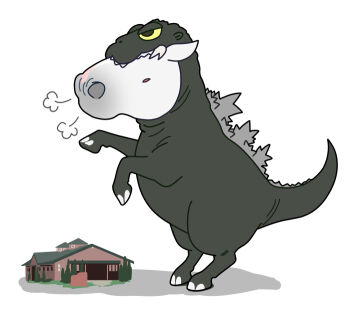 animal commentary_request cosplay godzilla godzilla_(cosplay) godzilla_(series) horse kanikama2gou lani_(racehorse) no_humans oversized_animal real_life shadow simple_background toho visible_air white_background