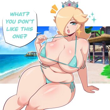 1girl adjusting_bra adjusting_clothes alexndraws alternate_breast_size_(larger) aqua_bikini bare_shoulders beach bikini blonde_hair blue_eyes bra breasts cleavage commentary crown earrings english_commentary english_text grey_crown hair_over_one_eye hand_on_ground highres huge_breasts jewelry large_breasts lipstick long_hair looking_at_viewer makeup mario_(series) mature_female nintendo open_mouth plump rosalina sitting solo star_(symbol) star_earrings super_mario_galaxy swimsuit thick_eyelashes thick_thighs thighs underwear
