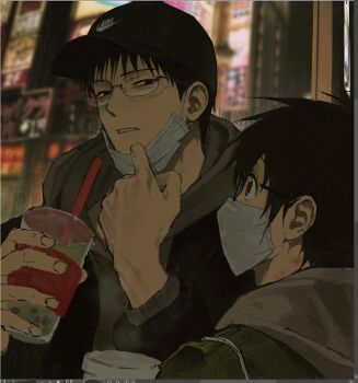 2boys absurdres alternate_costume baseball_cap black_eyes black_hair black_hat black_jacket brown_eyes bubble_tea building city commentary_request cup disposable_cup everyday_host expressionless eye_contact fake_scrollbar fingernails from_side glasses green_jacket grey_hoodie hajime_(everyday_host) hat height_difference hickey highres holding holding_cup hood hood_down hoodie implied_yaoi jacket jacket_over_hoodie korean_commentary kouichi_(everyday_host) looking_at_another male_focus mask mask_pull mature_eyes mouth_mask multiple_boys narrowed_eyes night nike_(company) official_alternate_hair_color outdoors parted_lips piercing_hole portrait ppssyhys round_eyewear short_hair sideways_glance sign steam surgical_mask veins veiny_hands wispy_bangs