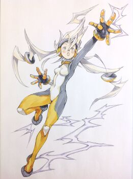 1girl arm_up black_gloves bodysuit breasts commentary_request covered_navel electricity electrokinesis gloves grey_bodysuit hair_between_eyes hair_ornament headphones highres leg_up long_hair multicolored_bodysuit open_mouth original peter_salt small_breasts solo spiked_hair standing standing_on_one_leg traditional_media twintails very_long_hair white_bodysuit white_hair yellow_bodysuit