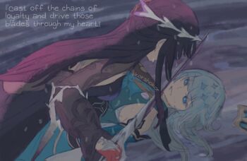 2girls ascot back bare_shoulders black_dress blue_ascot blue_dress blue_eyes blue_hair blunt_bangs breasts cerydra_(honkai:_star_rail) collared_dress commentary crown dress english_commentary english_text gloves hair_between_eyes holding holding_sword holding_weapon honkai:_star_rail honkai_(series) hysilens_(honkai:_star_rail) jewelry korshokor long_hair long_sleeves looking_at_another looking_up lying medium_breasts multiple_girls on_back puffy_long_sleeves puffy_sleeves purple_hair rain red_gloves ring sidelocks sleeveless sleeveless_dress smile sword teeth weapon wet wet_clothes wet_hair yuri