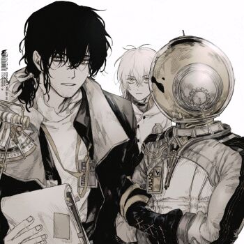 Rule 34 | 1other, 2boys, behind another, black coat, black gloves, black hair, coat, enigma (reverse:1999), facing another, ferrofluid, fishbowl helmet, gloves, gyujik qzc, highres, holding, holding notepad, id card, jumpsuit, lanyard, low ponytail, medicine pocket, multiple boys, muted color, notepad, parted lips, ponytail, reverse:1999, shirt, short hair, ulrich (reverse:1999), upper body, white background, white coat, white hair, white jumpsuit, white shirt, yellow eyes