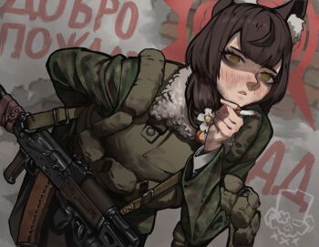 1girl ammunition_pouch animal_ears blush brick_wall brown_hair cat_ears cat_girl cigarette flower fur_trim graffiti gun_sling highres holding holding_cigarette kalashnikov_rifle leaning_forward looking_at_viewer military_uniform mr_banzai original pouch russian_text side_ponytail skull smoking solo yellow_eyes