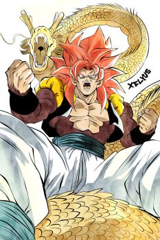 1boy blue_eyes blue_sash body_fur dougi dragon_ball dragon_ball_gt gogeta highres long_hair looking_at_viewer male_focus metamoran_vest monkey_boy monkey_tail muscular muscular_male no_nipples pants pectorals red_fur red_hair saiyan sash solo spiked_hair super_saiyan super_saiyan_4 tail xelyus