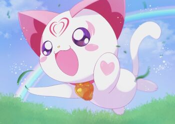 animal_focus blush_stickers bright_pupils commentary_request day full_body hummy_(suite_precure) light_particles looking_ahead no_humans omega_takai open_mouth outdoors precure purple_eyes rainbow running solo suite_precure white_pupils