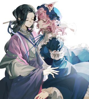 2girls black_hair blue_hat blue_kimono blue_ribbon closed_eyes closed_mouth crossover frilled_kimono frilled_sleeves frills hair_ornament hair_stick hairpin hat highres japanese_clothes jingyi_(the_legend_of_luoxiaohei) kimono long_hair long_sleeves looking_at_viewer luo_xiaohei_zhanji medium_hair mob_cap multiple_girls neck_ribbon pink_hair profile red_eyes ribbon saigyouji_yuyuko simple_background sleeve_garter smirk touhou triangular_headpiece white_background wide_sleeves xian_qishui