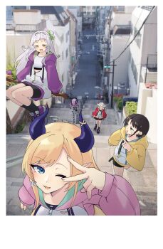 5girls black_shorts black_socks blonde_hair blue_eyes bow broom broom_riding building casual commentary_request day demon_girl demon_horns exhausted flying from_above grey_hair hair_bow highres hololive hood hoodie horns kurabi_(neijitsu_biyori) long_hair looking_at_another minato_aqua multiple_girls murasaki_shion nakiri_ayame oozora_subaru open_mouth outdoors perspective photo_background pointing pointing_at_another purple_hair purple_hoodie railing red_hoodie short_hair shorts socks stairs stone_stairs sweat urban utility_pole v virtual_youtuber walking yellow_hoodie yuzuki_choco