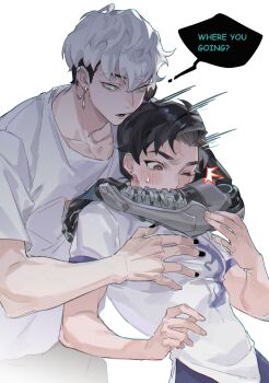 Rule 34 | 2boys, absurdres, black hair, black pants, brown eyes, collarbone, commentary, covered abs, covered pectorals, earrings, grabbing another's pectorals, green eyes, groping, hair bun, highres, hug, hug from behind, jewelry, male focus, mechanical arms, mizuki (overwatch), multiple boys, overwatch, pants, pectorals, red pupils, shirt, simple background, single mechanical arm, speech bubble, stud earrings, t-shirt, tetsuuut, tight clothes, toned, toned male, topknot, triangle choke, undercut, untranslatable commentary, white background, white hair, white shirt, wuyang (overwatch)