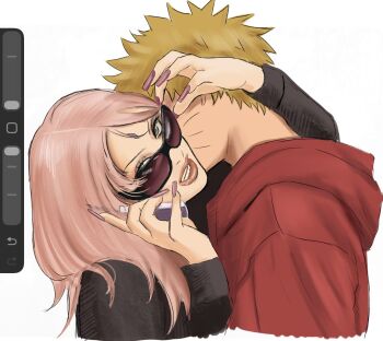 1boy 1girl art_program_in_frame blonde_hair commentary english_commentary friedrice0404 haruno_sakura highres jacket lying lying_on_person messy_hair naruto_(series) naruto_shippuuden on_side phone pink_hair simple_background sketch spiked_hair sunglasses upper_body uzumaki_naruto