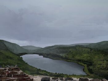 absurdres building commentary fog forest grey_sky highres house lake landscape mountainous_horizon nature no_humans original outdoors painterly scenery sky symbol-only_commentary tree twulfs valley village