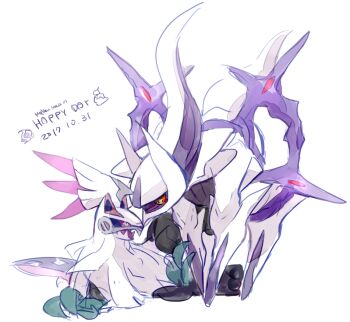 arceus arceus_(ghost) artist_name closed_mouth colored_sclera commentary dated english_text gen_4_pokemon gen_7_pokemon legendary_pokemon looking_at_another lying mythical_pokemon nintendo no_humans open_mouth pokemon pokemon_(creature) red_eyes red_sclera signature silvally silvally_(ghost) simple_background standing symbol-only_commentary white_background yellow_eyes ytot_335