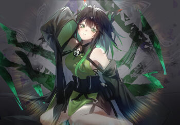 1girl arknights arm_up black_hair breasts commentary dress green_dress green_eyes highres long_hair medium_breasts miku17883 mon3tr_(arknights) sideboob sitting sleeves_past_fingers sleeves_past_wrists solo wariza
