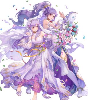 2girls bouquet breasts bridal_veil circlet cleavage damaged dress fire_emblem fire_emblem:_genealogy_of_the_holy_war fire_emblem_heroes flower gloves hair_flower hair_ornament highres holding holding_bouquet ishtar_(bride)_(fire_emblem) ishtar_(fire_emblem) julia_(bride)_(fire_emblem) julia_(fire_emblem) long_hair lonvanelk medium_breasts multiple_girls nintendo non-web_source official_alternate_costume official_art petals ponytail purple_eyes purple_hair side_slit small_breasts torn_clothes torn_dress veil wedding_dress white_gloves