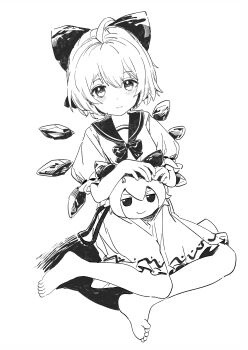 1girl absurdres ahoge alternate_costume barefoot bow bowtie cirno closed_mouth commentary detached_wings dress fumo_(doll) greyscale hair_bow highres ice ice_wings looking_at_viewer monochrome puffy_short_sleeves puffy_sleeves short_hair short_sleeves siyumu smile solo toes touhou wings yukkuri_shiteitte_ne