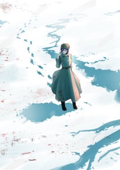 Rule 34 | 1girl, absurdres, black boots, blood, blood on clothes, blood on face, boots, breasts, chainsaw man, collared dress, dress, footprints, full body, furrowed brow, grey dress, grey hat, hair between eyes, hand in own hair, hat, highres, medium breasts, military hat, military uniform, moti1250, outdoors, purple hair, reze (chainsaw man), russian clothes, snow, solo, winter, winter clothes